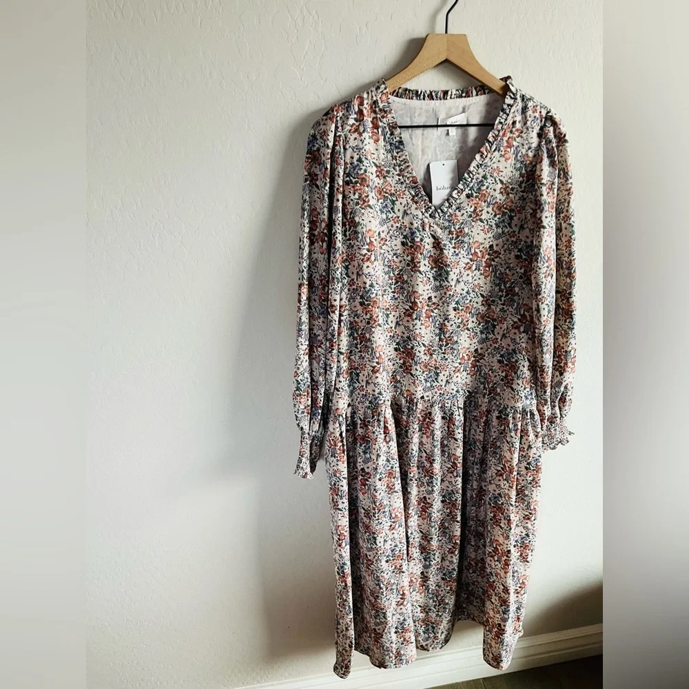 Bohme Women’s Floral Womens Midi Dress Size L NWT Boho Neutral Cottagecore - Picture 2 of 3